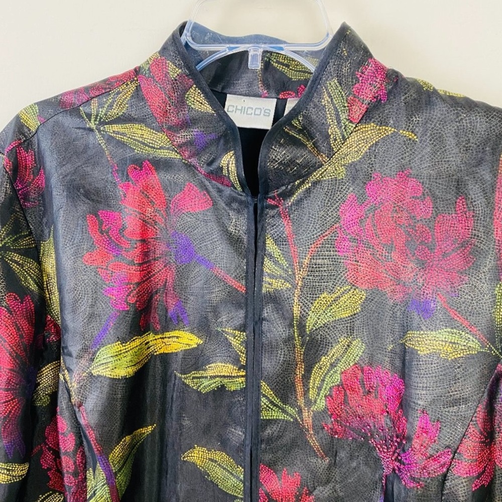 $300 Chico’s 100% SILK Mandarin topper evening smoking jacket black multi beaded